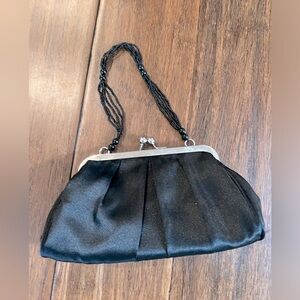 Vintage Satin Black Clutch with Beaded Handle Kiss lock closure